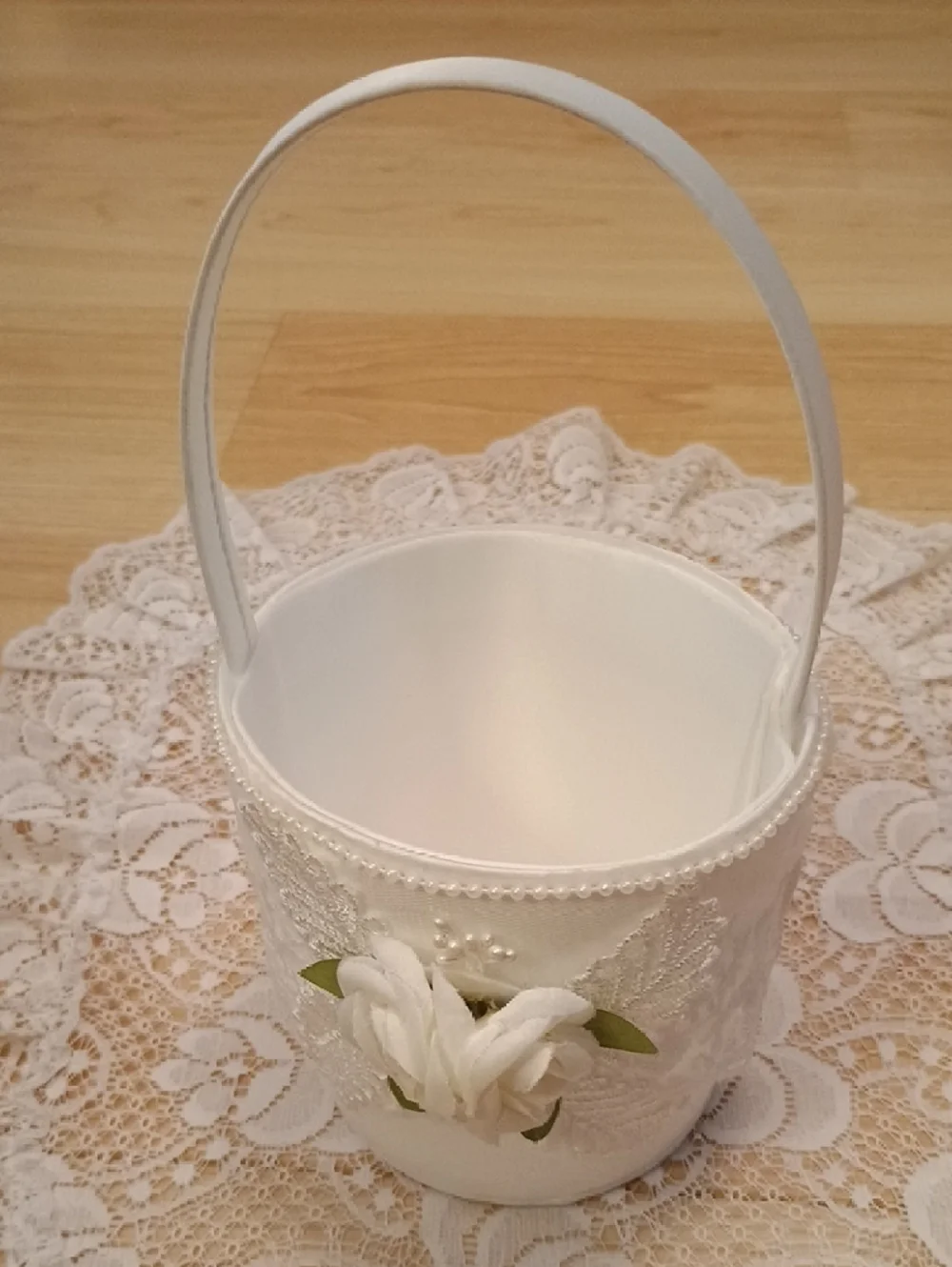 White Lace Wedding Ring Bearer Pillow and Flower Girl Basket Set - Picture 7 of 8
